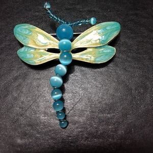 TC Tanya's Creations cat's eye blue bead dragonfly brooch